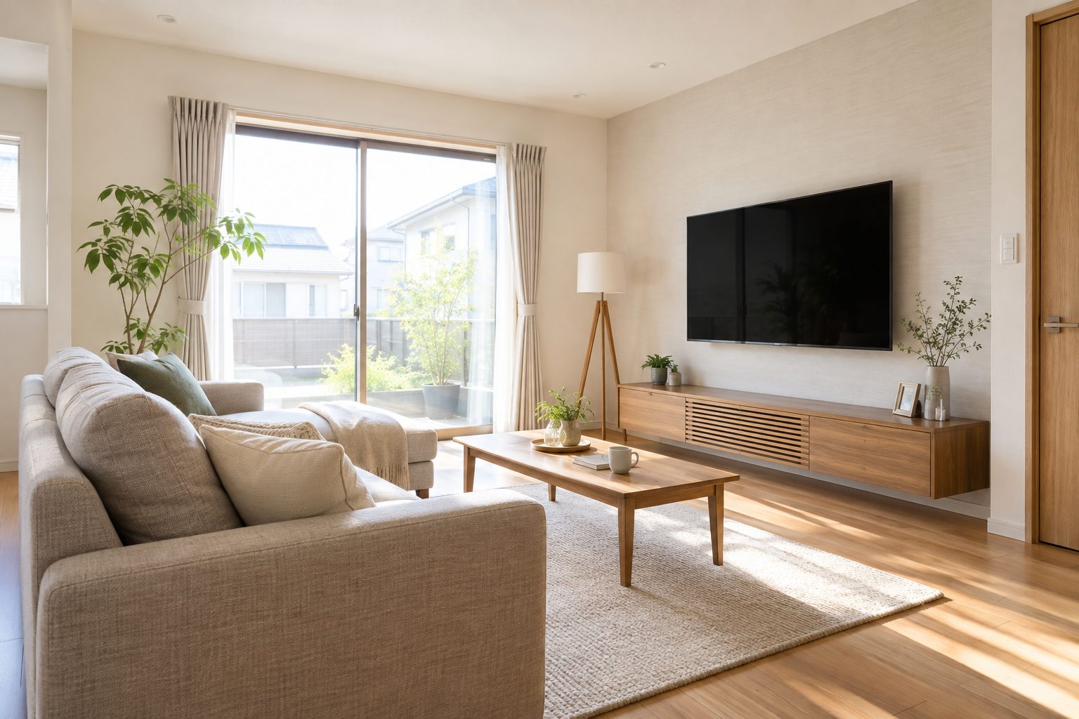 壁掛けテレビのある居間